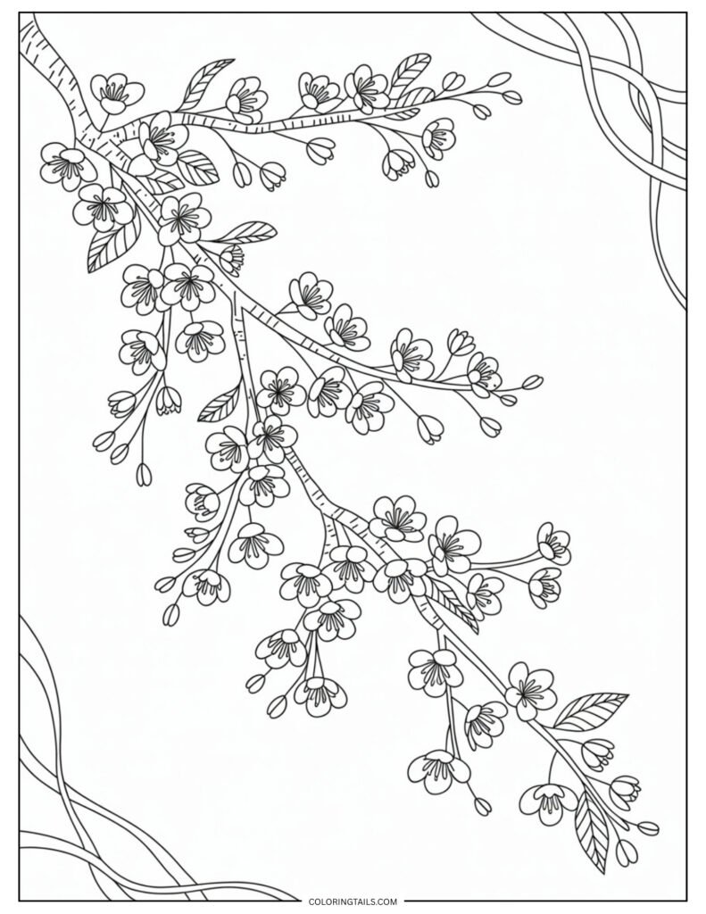 A branch of cherry blossoms, filled with multiple tiny flowers and buds. The delicate petals invite soft pastel coloring, making it a relaxing page.