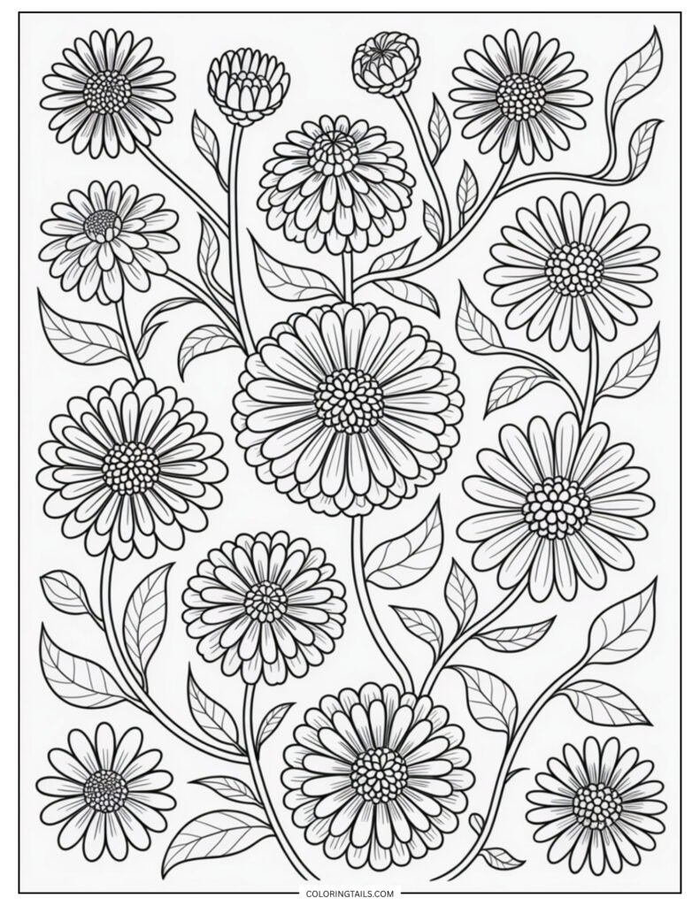 Multiple zinnia flowers shown at different stages of bloom. The geometric arrangement of petals adds a structured coloring experience.