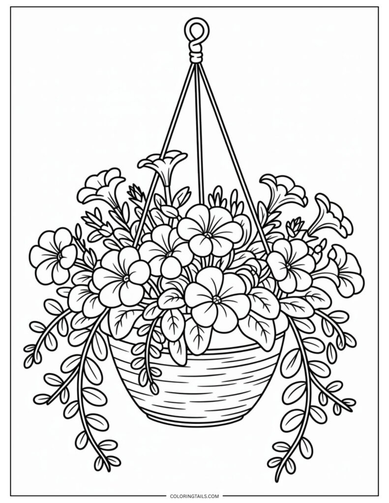 A hanging planter of petunias spilling over with lush blooms and leaves. Adds a sense of dimension to the coloring page.