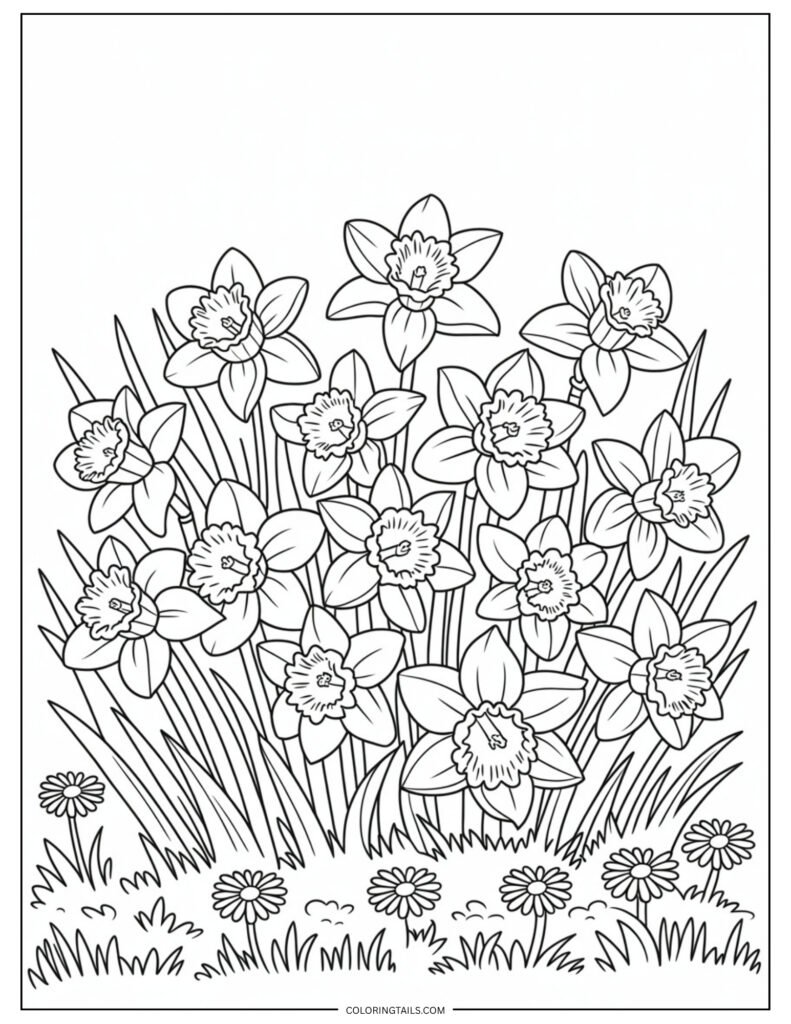 A lively patch of daffodils with nodding heads and trumpet-like blooms. A great springtime coloring theme.