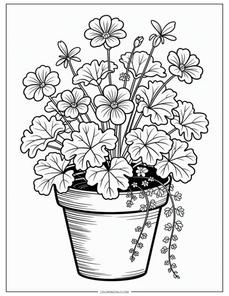 A potted geranium with abundant blooms and textured leaves. The simple pot adds a charming touch.