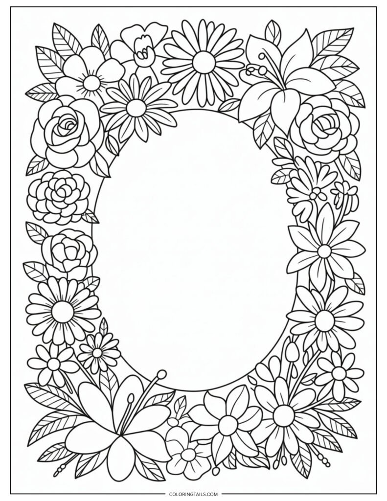 A frame of mixed flowers surrounding a blank center. The center can be used to add personal text or leave empty for focus on the border flowers.
