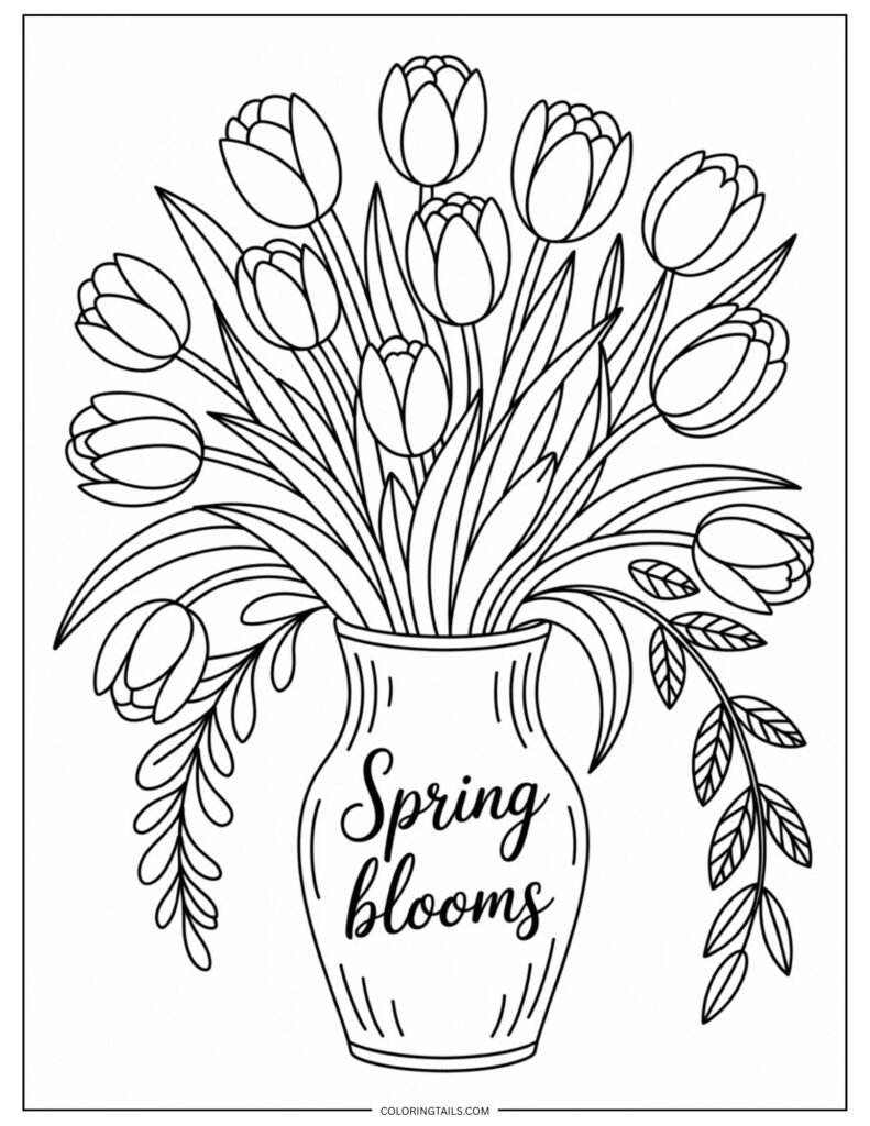 A bundle of tulips in a vase, with overlapping petals and long, slender leaves. The arrangement gives room for vibrant spring colors.