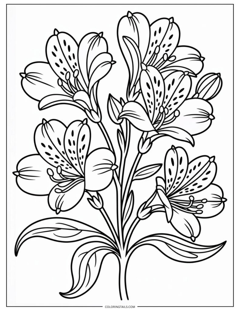 A cluster of Alstroemeria (Peruvian Lily) flowers with slender petals and speckled patterns. The variety of shapes and details gives room for creative coloring.