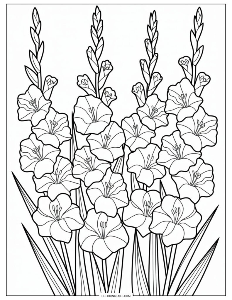 Tall, upright gladiolus stems with layers of trumpet-shaped flowers. The repetitive design creates a visually striking vertical page.