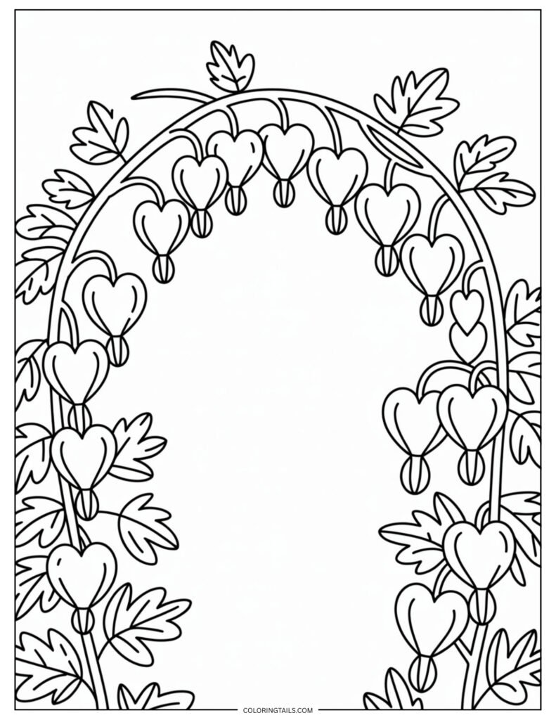 An arch of bleeding heart flowers, with heart-shaped blooms hanging from a curved stem. A whimsical and romantic coloring option.
