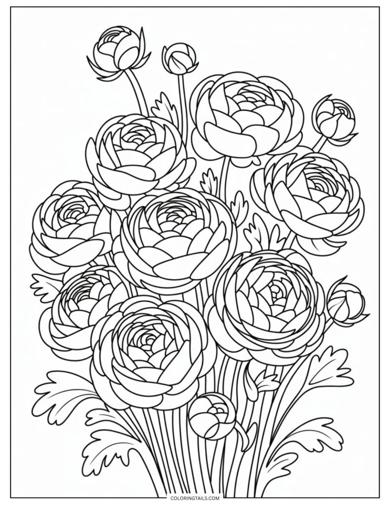 A bunch of ranunculus flowers, packed with layer upon layer of delicate petals. The complexity of the blooms allows for intricate shading.