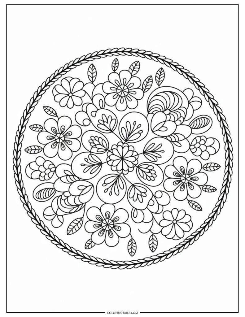 A mandala pattern created from various flower shapes. The circular, symmetrical layout is ideal for mindful coloring.
