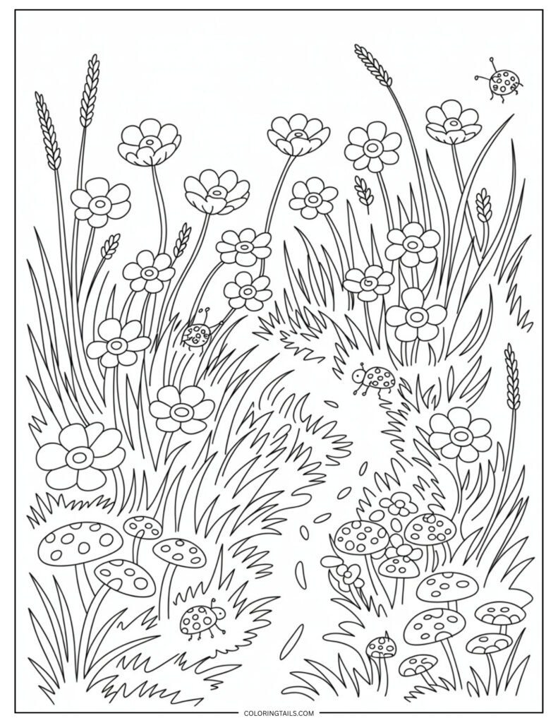 A cheerful buttercup meadow with small, cup-shaped flowers scattered among grasses. An easy and fun coloring page for all ages.