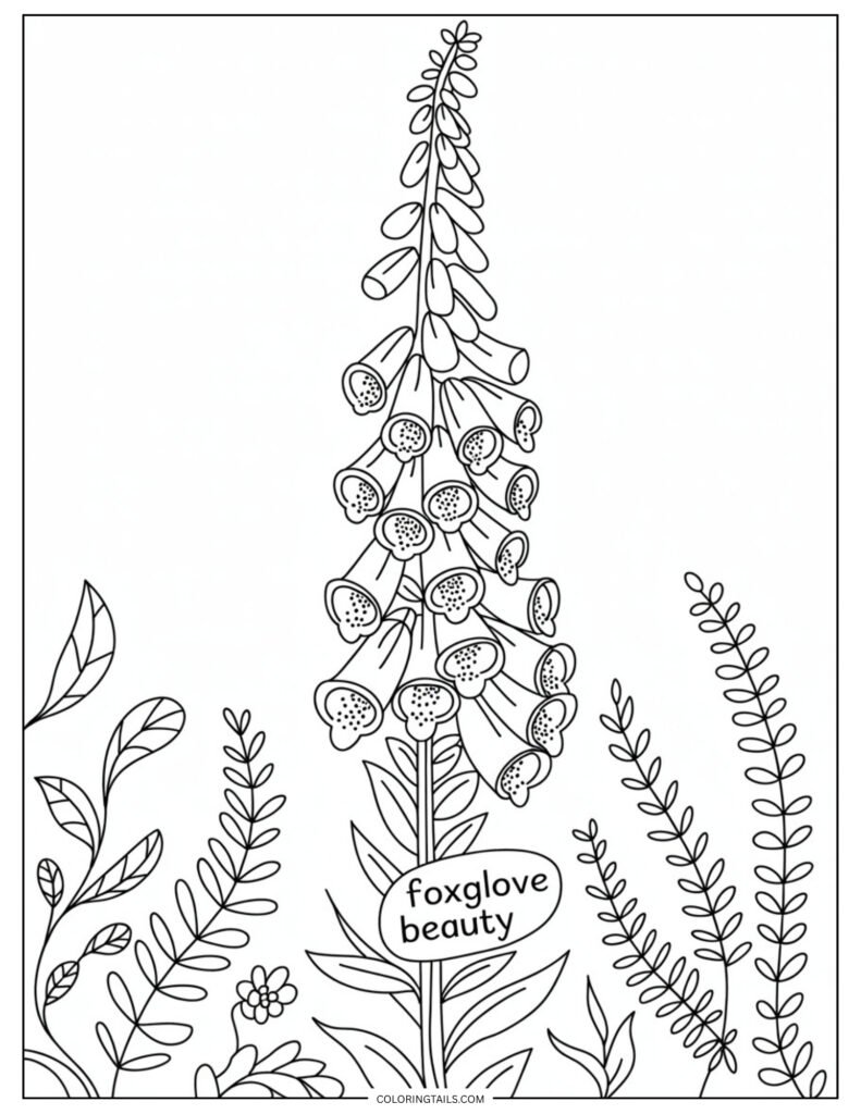 A towering foxglove stalk with rows of tubular flowers. The elongated form works well for vertical page designs.