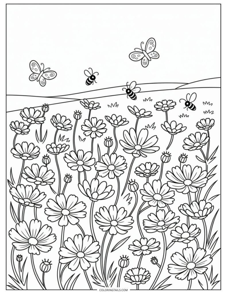 A field of cosmos flowers with long, slender stems and daisy-like faces. Their open structure encourages vibrant coloring.