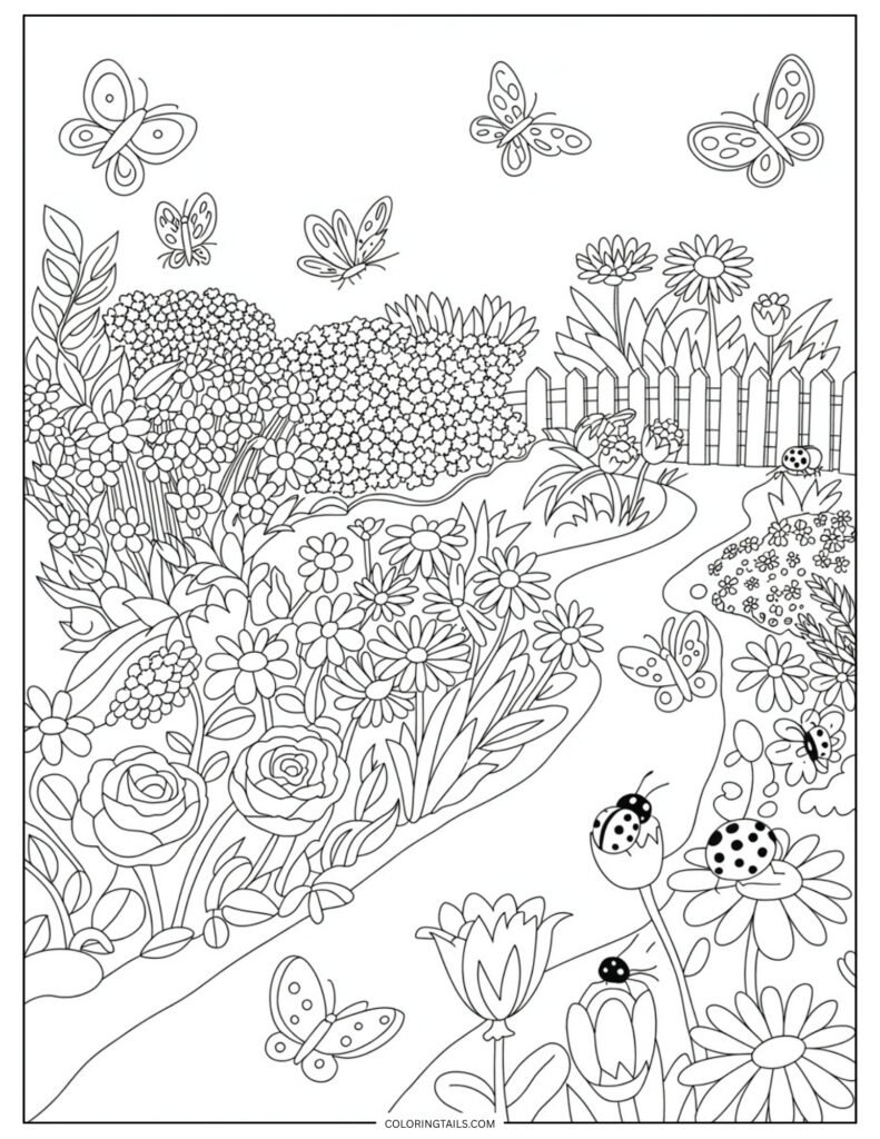 A detailed garden scene filled with assorted flowers, a small fence, and fluttering butterflies. Offers a complete landscape to color.