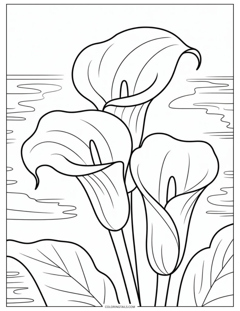 A pair of calla lilies with smooth, sculptural forms. The minimalist style allows for bold contrasts or soft gradients.