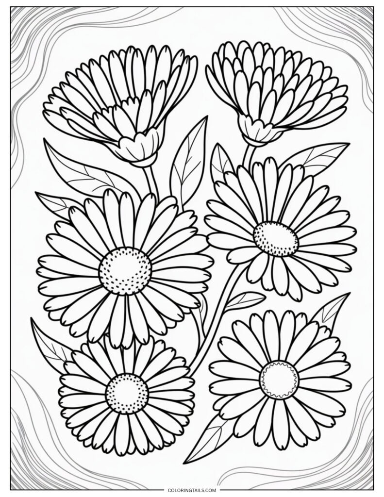 Several calendula flowers, each with densely packed petals. Their classic daisy-like form is both simple and striking.