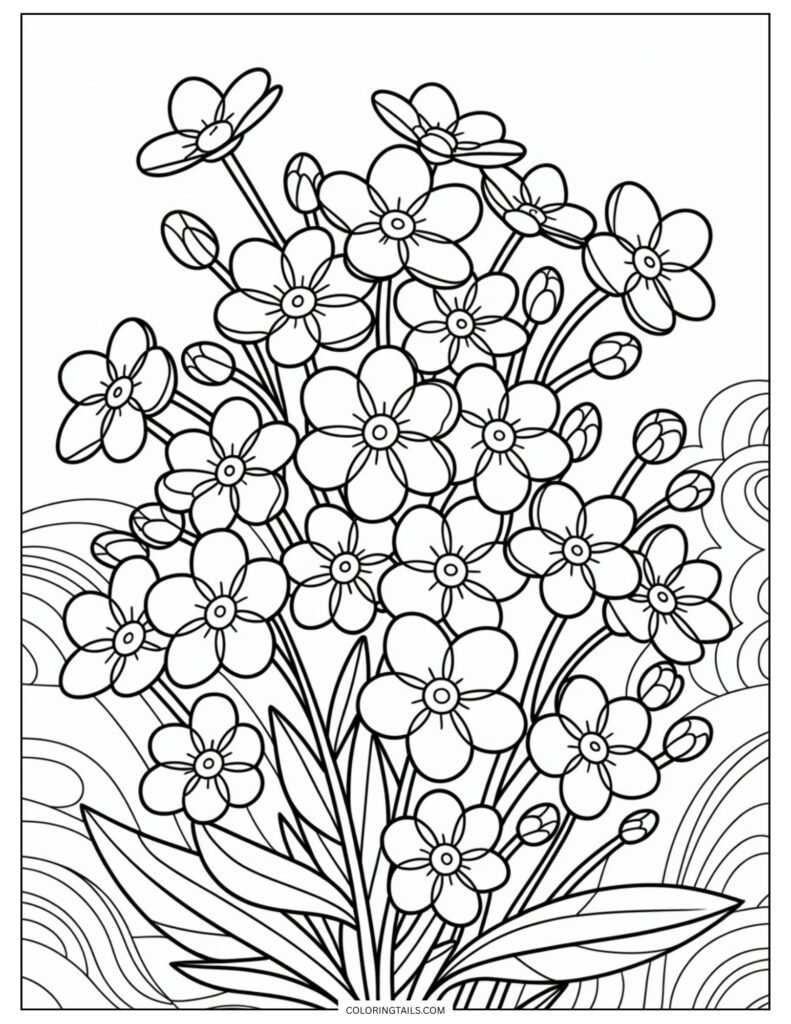A close grouping of forget-me-nots, with their tiny, star-shaped blue flowers. Great for practicing detail work on small blooms.