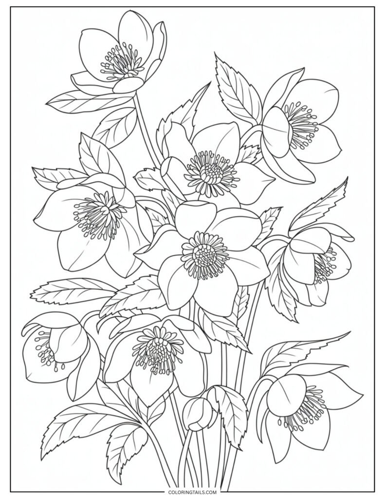 A handful of hellebore flowers, with large, open petals and distinct centers. Ideal for deep and muted winter color palettes.