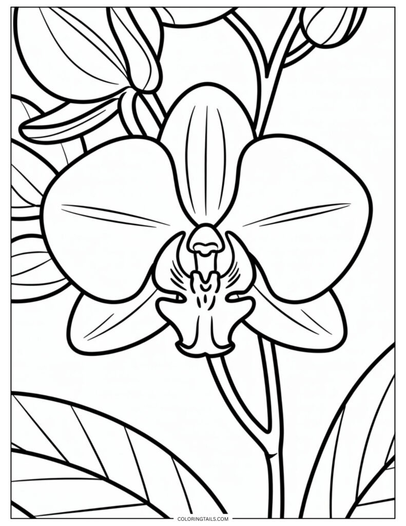 A close-up of a single orchid, with intricate petal details and a graceful stem. Ideal for those who love more detailed coloring work.