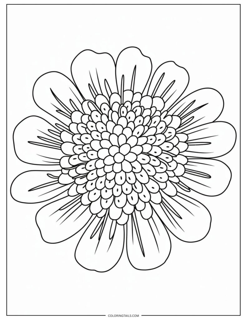 A scabiosa (pincushion flower) with its rounded, textured center and radiating petals. Offers lots of tiny details to explore.