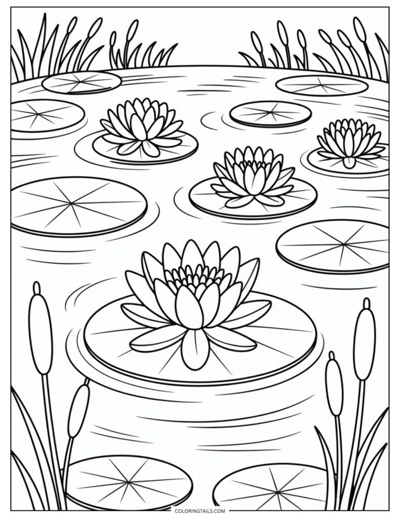Multiple water lilies floating on a pond, with broad leaves and reflections on the water. A peaceful, calming page.