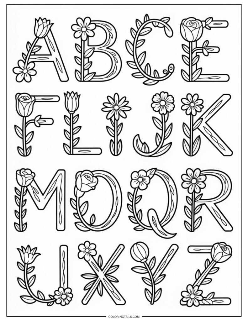 Each letter of the alphabet decorated with flowers entwined around it. Great for personalizing pages or practicing both floral and lettering coloring.