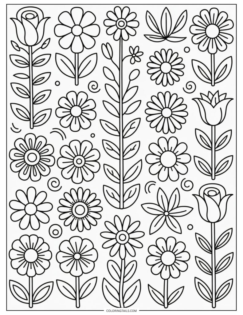 A repeating pattern of assorted flowers in a seamless grid. Ideal for background coloring or for filling an entire page with vibrant tones.