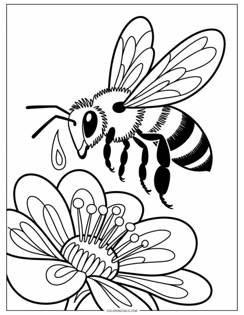A detailed bee hovering over a flower, with visible wings and flower details. A charming natural scene to color.