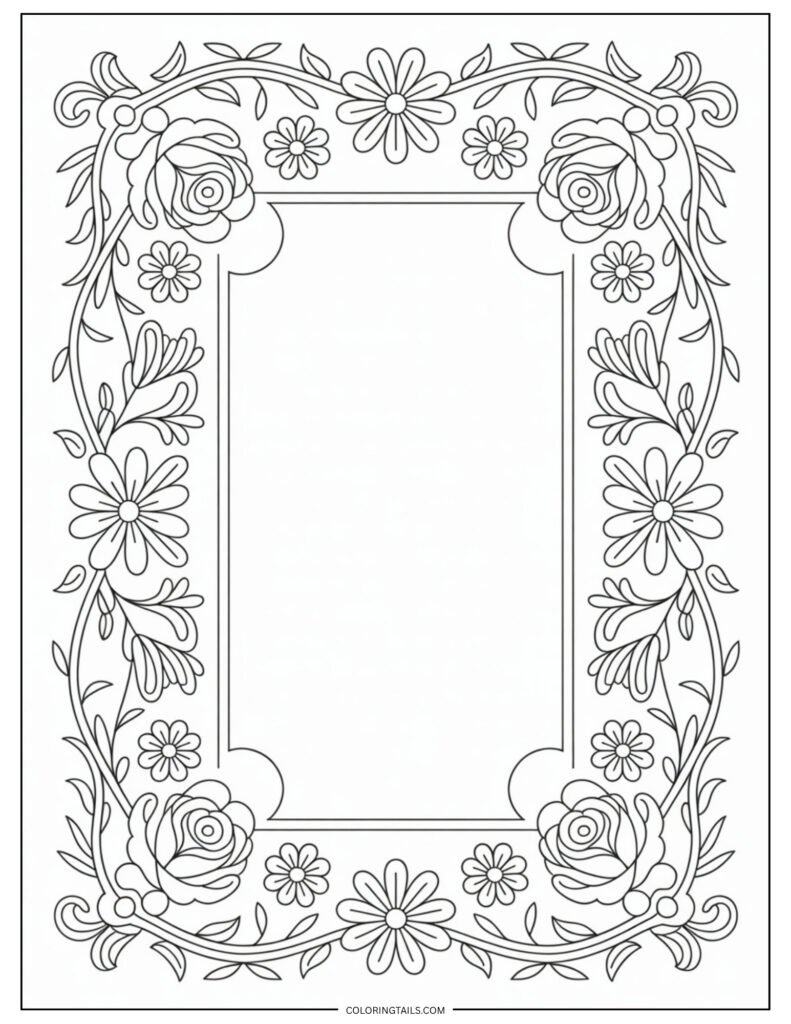 A page border made of flowers, leaving space in the center for text, doodles, or personalized coloring.