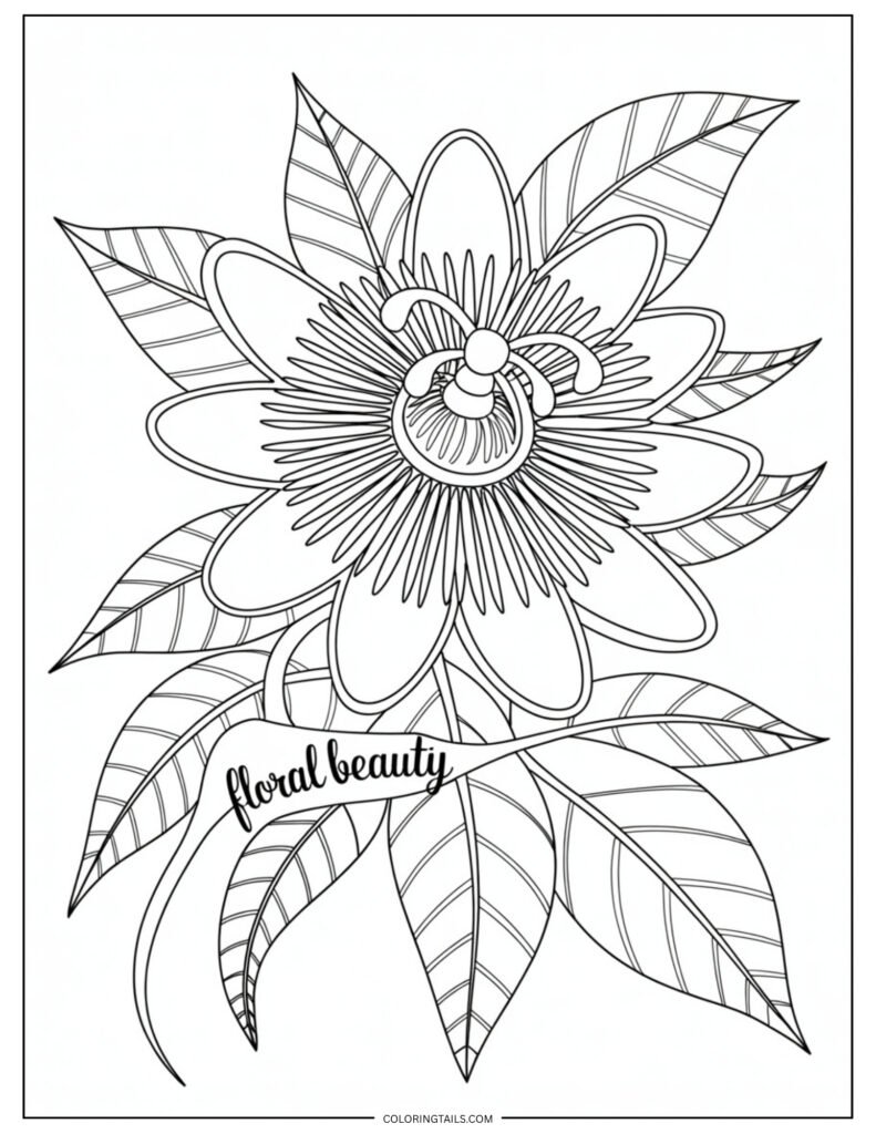 An exotic passionflower with its intricate central structures and layered petals. A challenging and rewarding subject for detailed coloring.