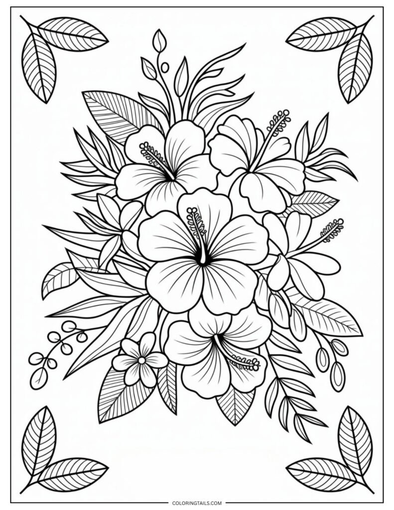 A composition of tropical flowers like hibiscus, frangipani, and birds of paradise. The bold, lush elements encourage the use of bright colors.