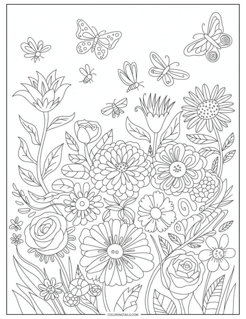 A flower garden scene with butterflies fluttering among the blooms. A dynamic and joyful page suitable for a wide audience.
