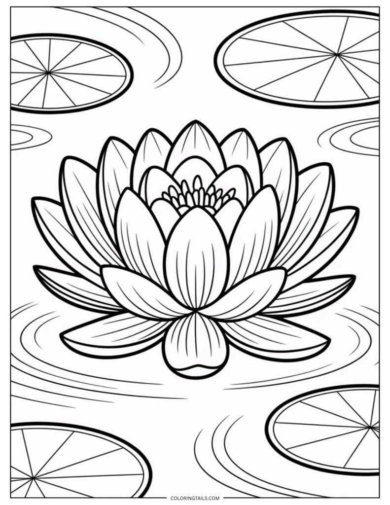 A fully opened lotus flower floating on water, with ripples around it. The symmetrical petal layers are soothing to color.