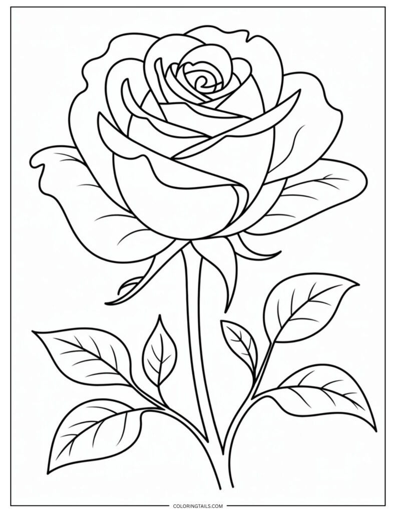 A large single rose in full bloom, with detailed petals and gentle curves. Perfect for practicing shading and gradients in coloring.