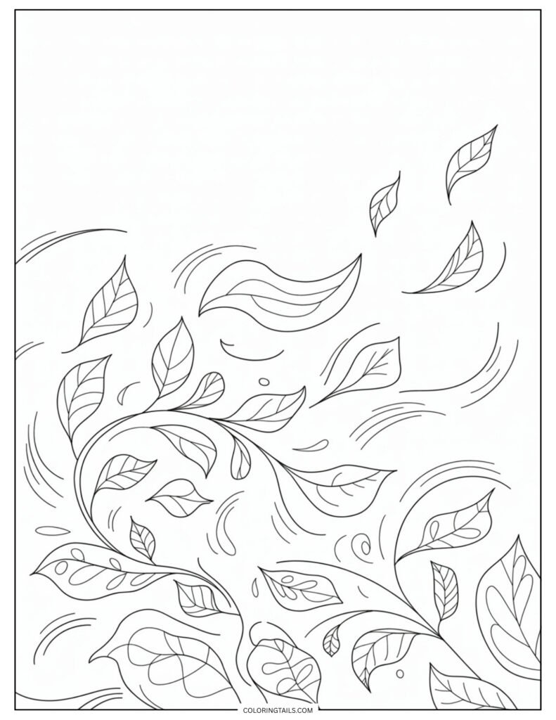 Leaves blowing in the wind with light swirls and motion lines.