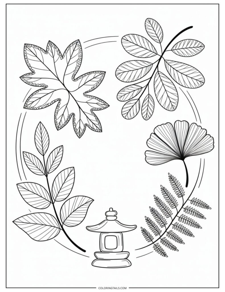 A balanced set of leaves arranged in a peaceful, calming layout.