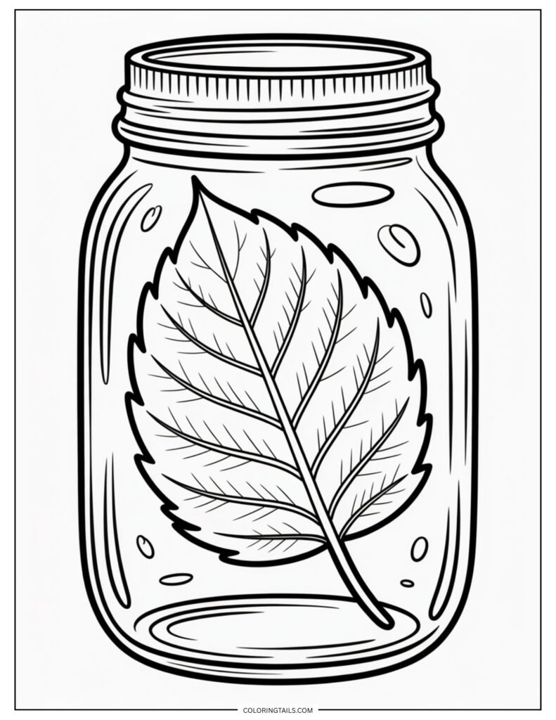 A single leaf preserved inside a mason jar with tiny details.