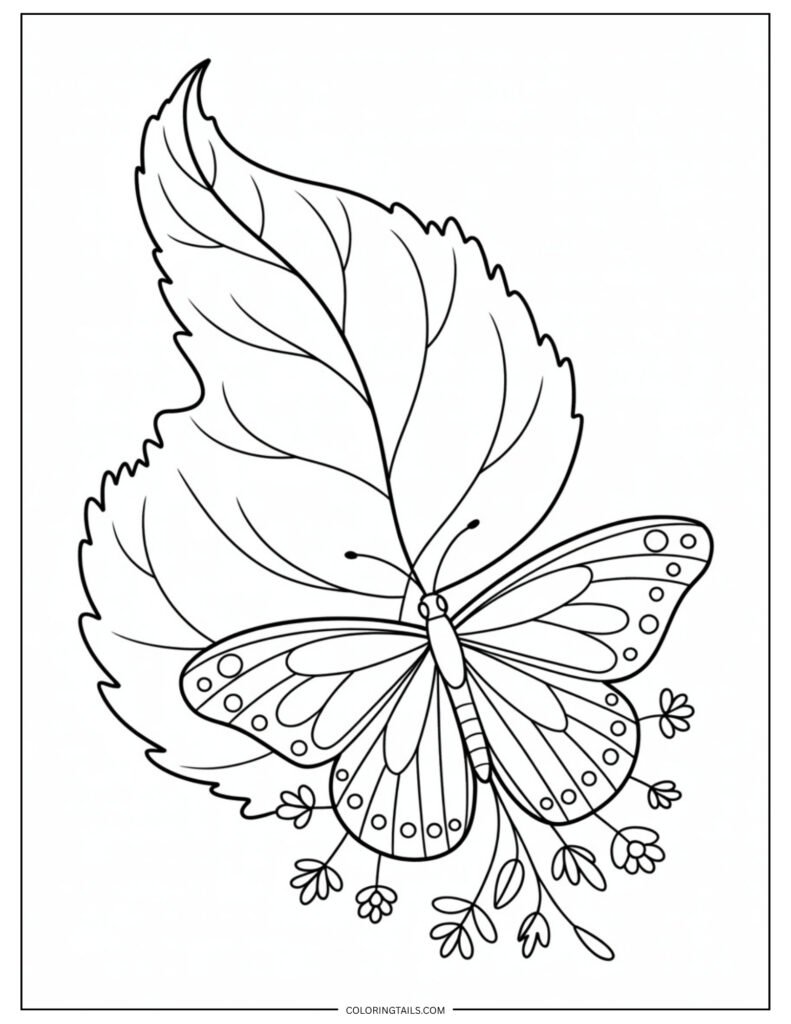 A curled leaf with a butterfly resting gently on top.