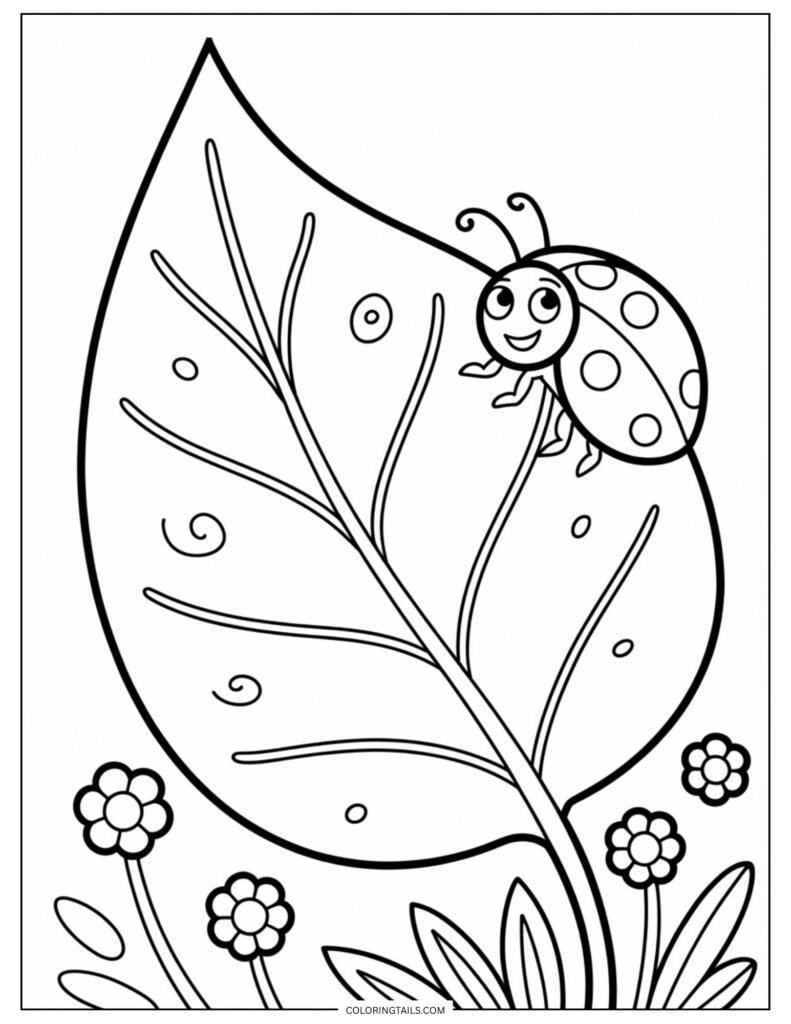 A plump leaf with a small ladybug crawling along its edge.