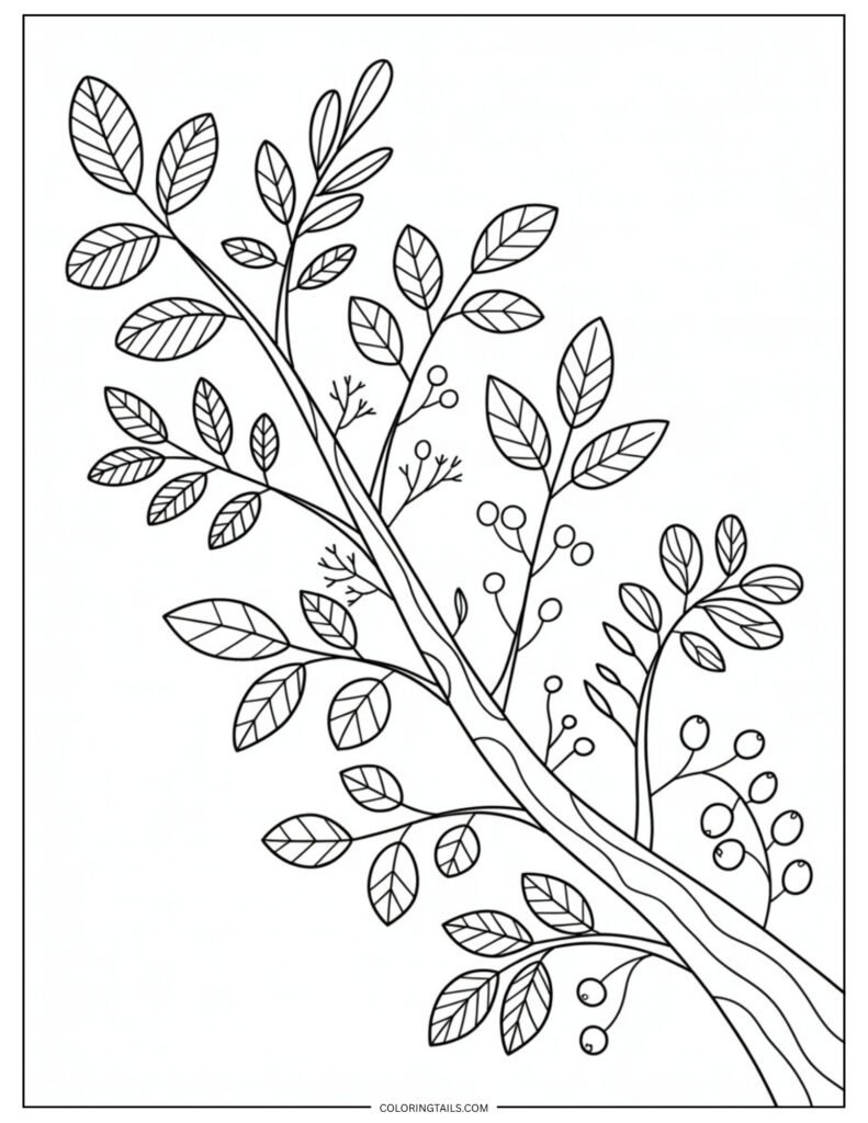 A small tree branch with different types of leaves sprouting along it.