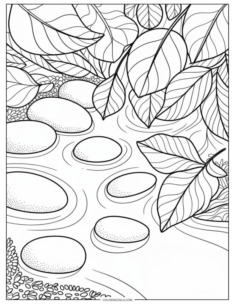 A soft composition of scattered leaves resting beside smooth pebbles.