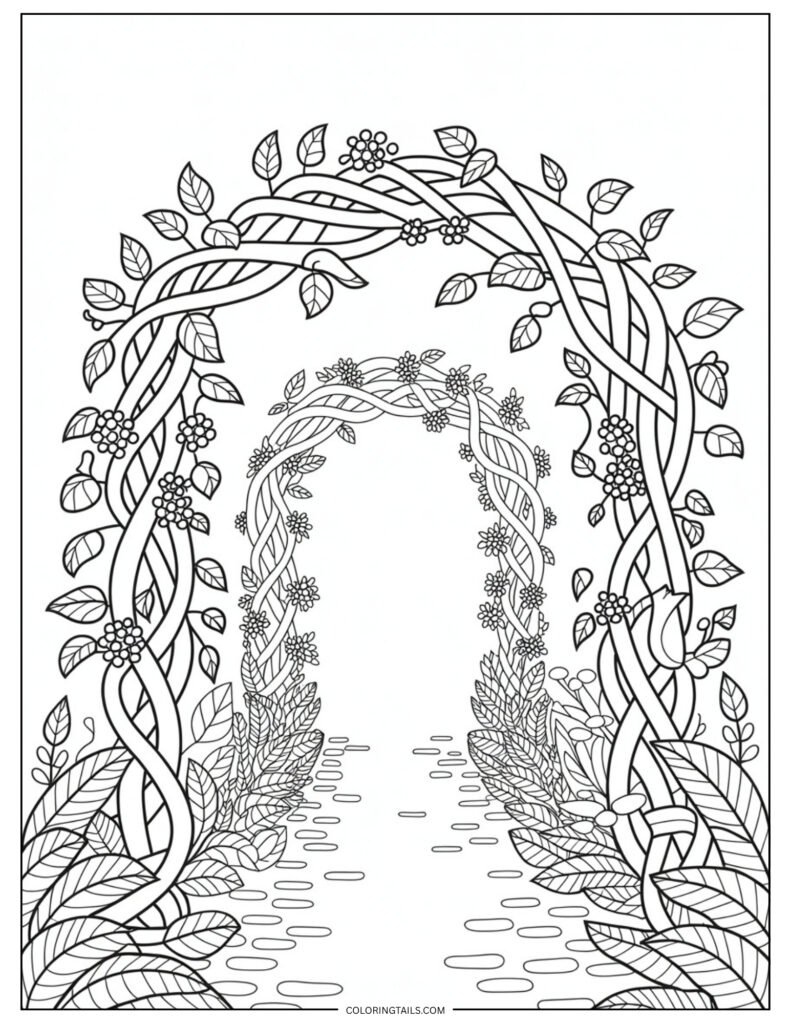 A natural archway formed by vines and small climbing leaves.