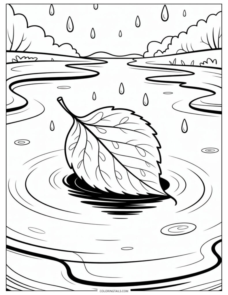 A leaf floating on the surface of a rippling puddle.