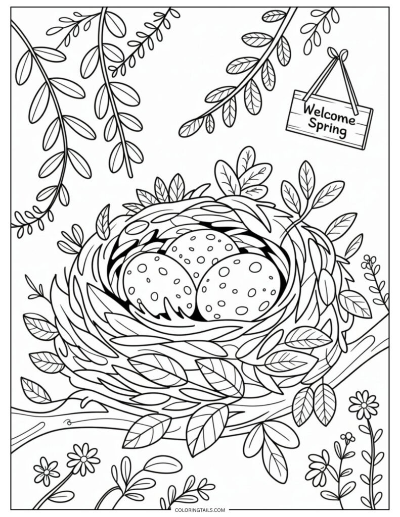 A nest made of small leaves holding three round eggs.