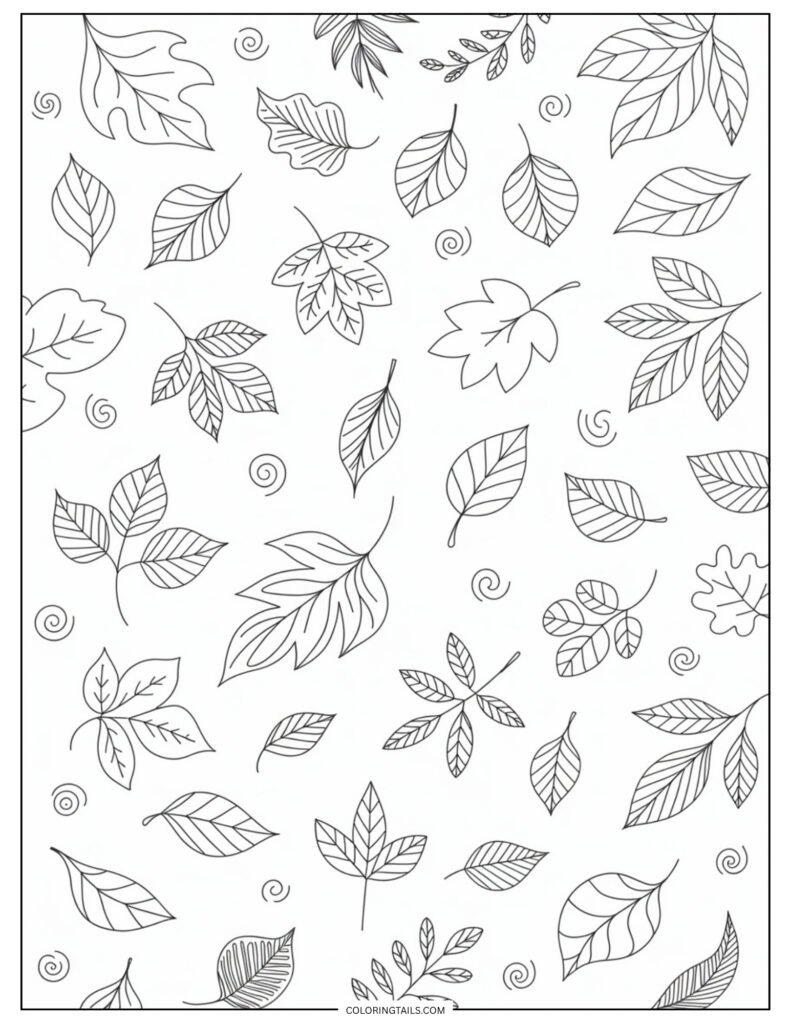 Dozens of tiny leaves floating in random directions across the page.