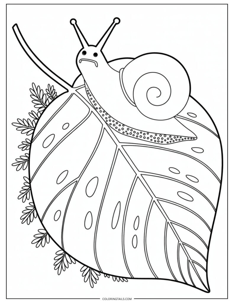 A plump snail slowly crawling across a large leaf surface.