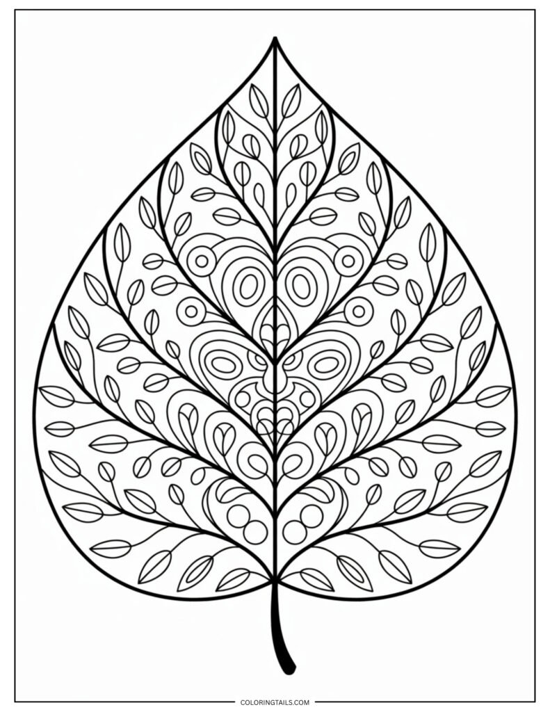 A stylized leaf filled with mandala-inspired line patterns.