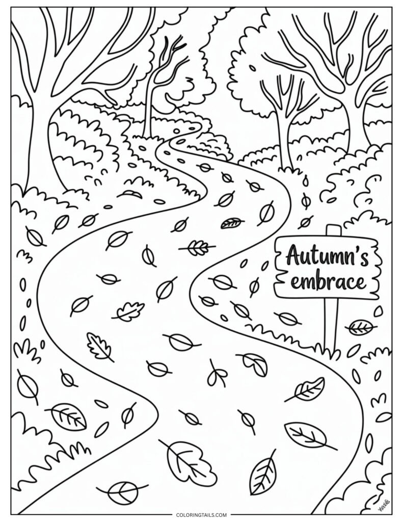 A winding path scattered with freshly blown leaves.