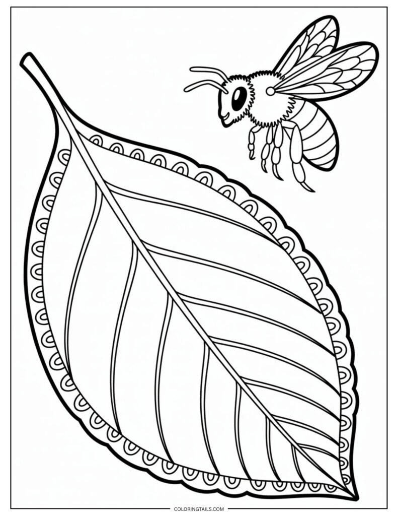 A bold leaf with a small honeybee hovering just above.